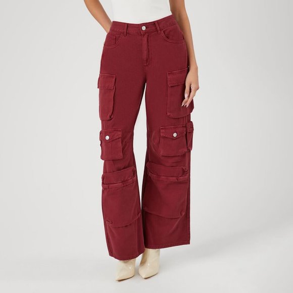 Forever 21 Burgundy Twill Wide-leg Cargo Pants - Picture 3 of 6
